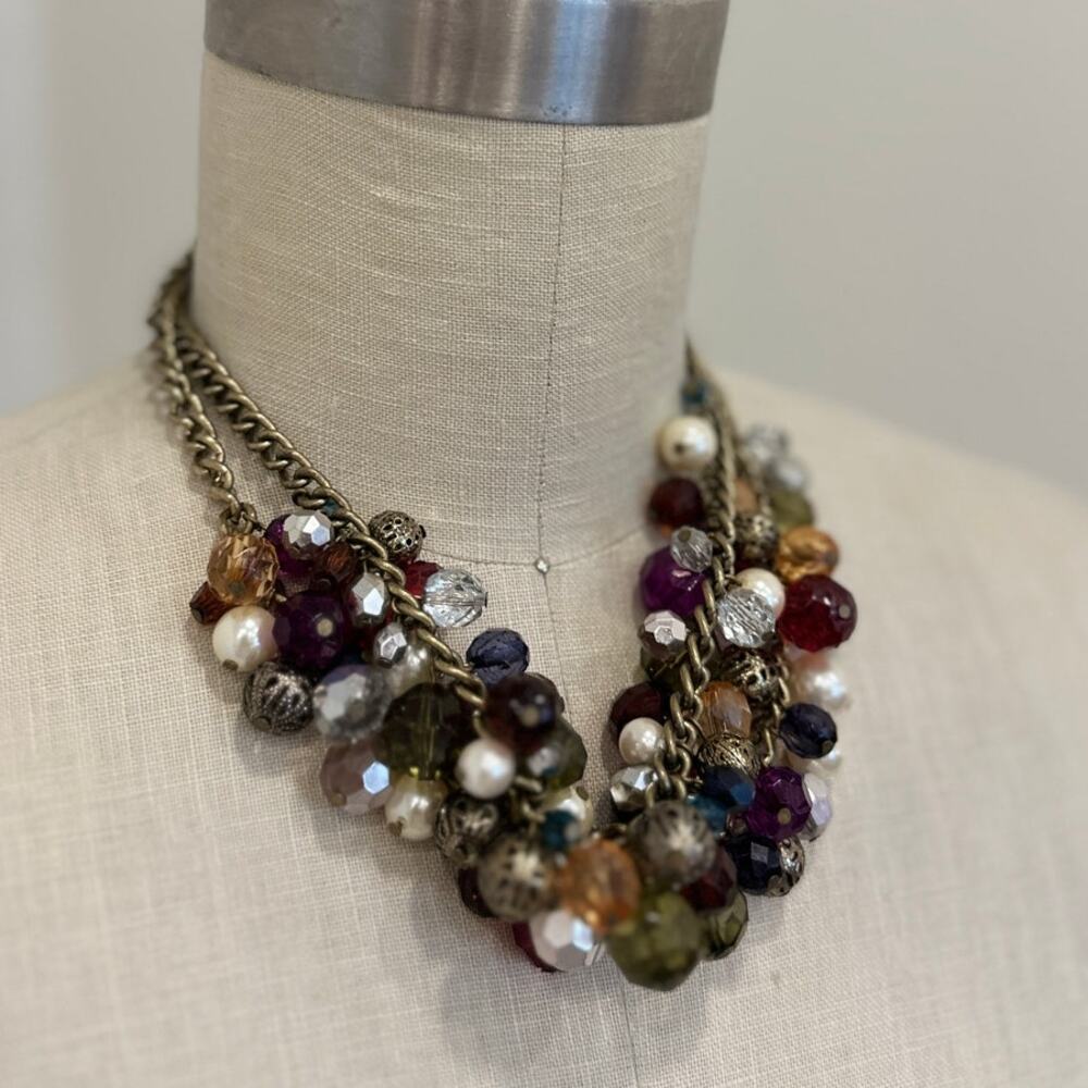 Vintage Cluster Charm Beaded Multi Strand Chunky Statement Necklace